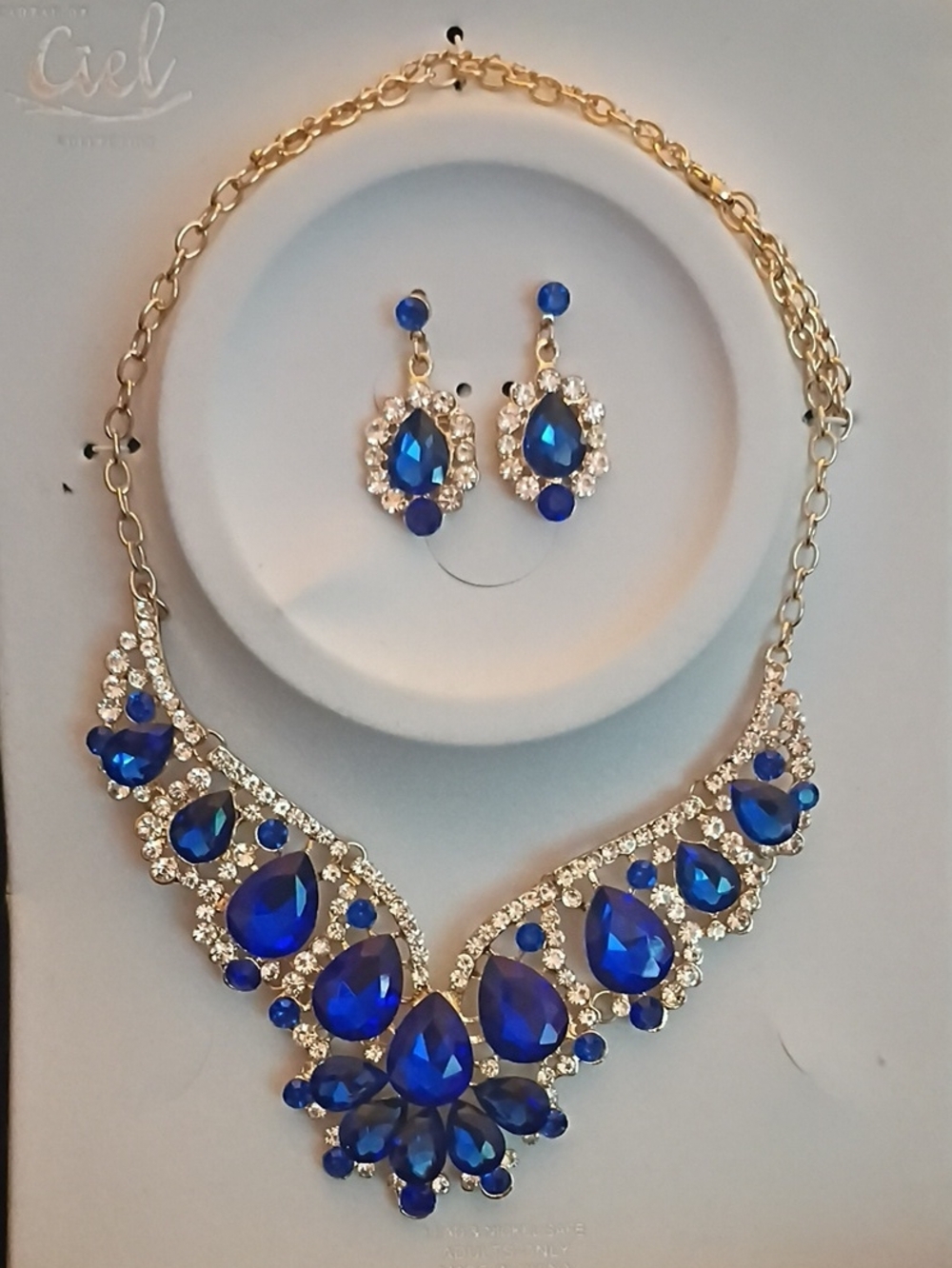 Elegant Royal Blue Teardrop Crystal Necklace & Earrings Set